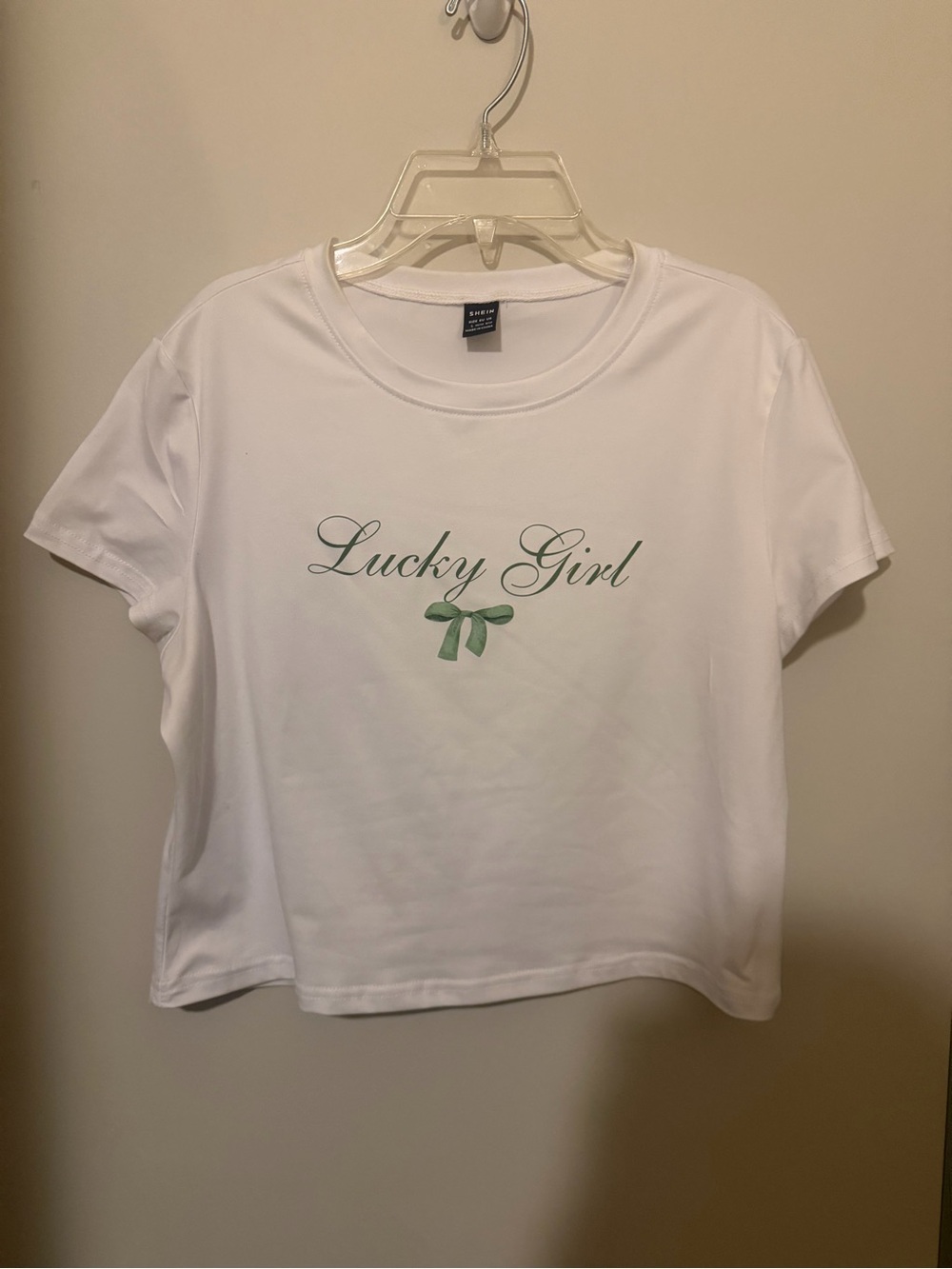 Shein Lucky Girl White Tee with Green Script Size Large